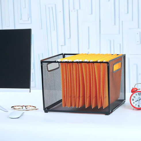 Letter-Size Hanging Folder Organizer, Metal Mesh Hanging File Folder Box, Office File Baskets, Black