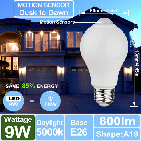 CICINY Motion Sensor Light Bulbs- 9W(60-Watt Equivalent), E26 5000K Daylight A19 800LM Outdoor/Indoor, Dusk to Dawn Security Light Bulbs for Entrance, Porch, Stairs, Hallway, Garage, Storeroom 2 Pack by CICINY