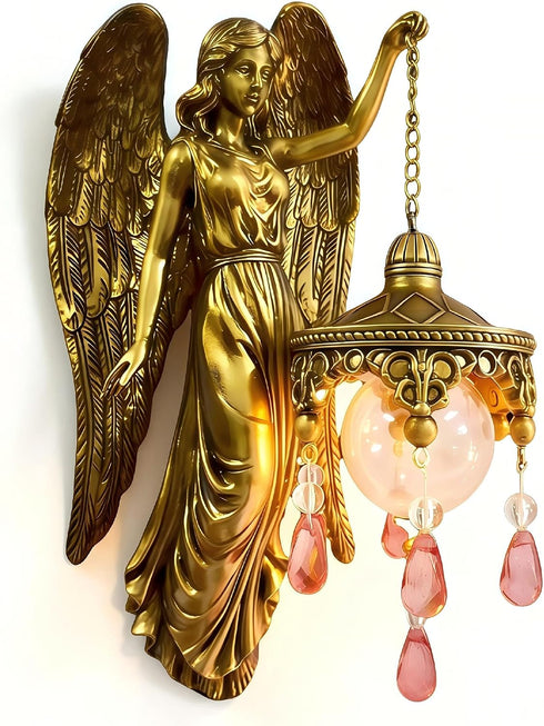Angel Wall Lamp, Vintage Holy Guardian Night Light with Frosted Crystal &