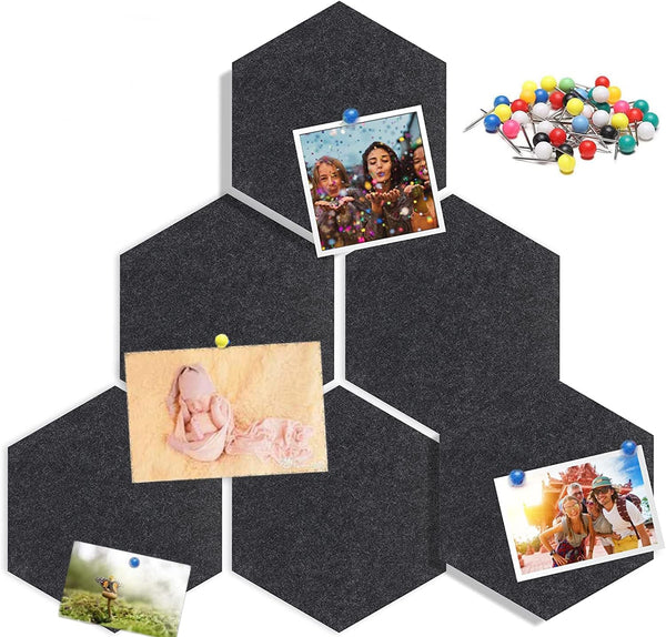 Hexagon Felt Cork Board Tiles, 6 PCS Self Adhesive Bulletin Boards Set with Pushpins for Home Kitchen School Decor