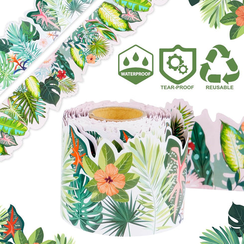 Bulletin Board Border with Green Plant Tropical Die-Cut Rolled Two-Sided Printed Palm Tree Leaves for Classroom