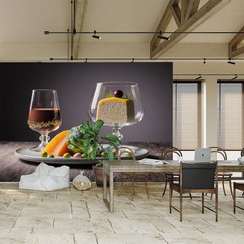 lnzCzhyre Custom Size Wall Sticker Mural Appetizing Food Arrangement with Wine Broccoli Cheese and Dessert for wall