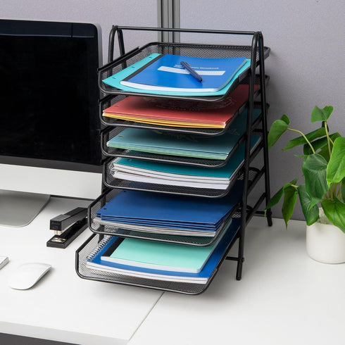 Mind Reader 6-Tier Paper Tray Desktop Organizer, Metal Mesh File Storage for Office, Black