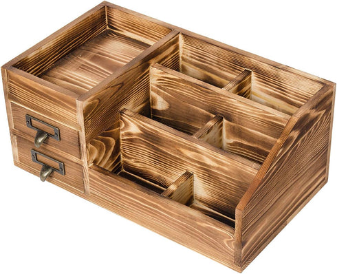 Liry Products Rustic Wooden Desktop Organizer, Brown Tabletop Storage Cabinet with 2 Tier Drawers, Multiple Compartments