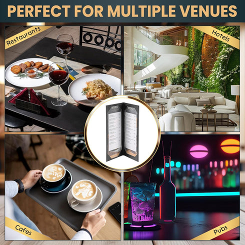 2 4.25" 11" (2 Pack, 2 View Menu Holder Menu Covers x | Black Leather Menu Sleeves Book Style for Restaurant Coffee