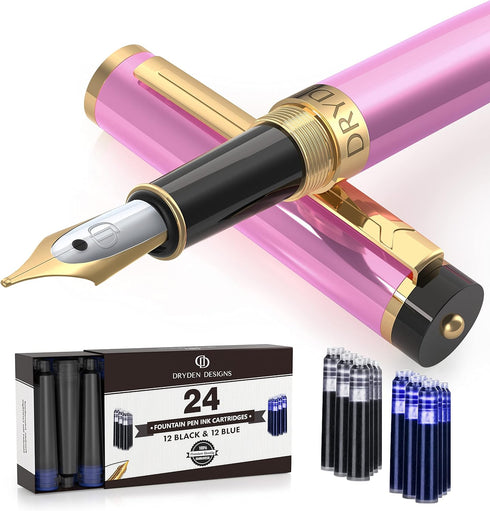 Dryden Designs Fountain Pen Gift Pouch with Medium Nib and 24 Ink Cartridges - MCM (Luscious Pink)