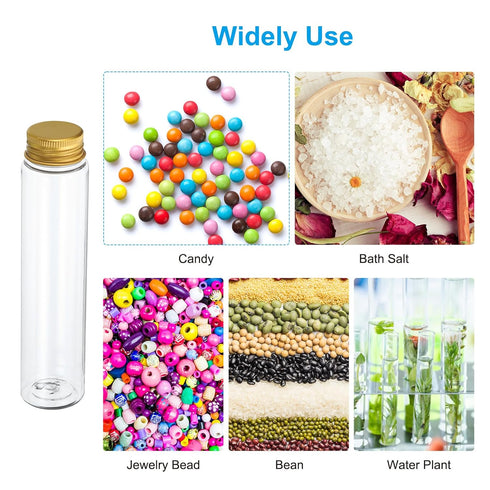 PATIKIL 110ml Test Tubes, 36pcs Clear Plastic Flat Bottom Containers with Caps for Bead Candy Bath Salt Storage, Gold