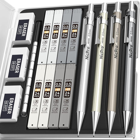 Nicpro 4 Pack 0.5mm Mechanical Pencil Set with Case, Metal Drafting Pencil for Artist Writing, Sketching, Drawing, 8