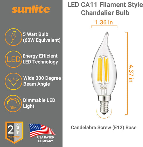 41357-SU Bulb 5 (60W (E12), Dimmable, 6 Pack, 50K Sunlite LED Filament Chandelier Light with Flame Tip, Watts