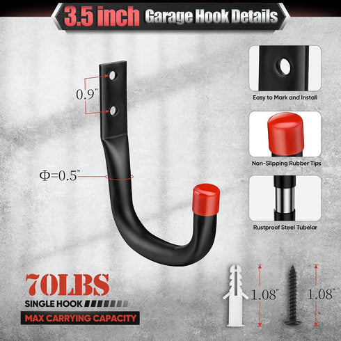 24 Pack 3.5" 100LBS Nacial Garage Hooks Heavy Duty, Garage Wall Hook with EVA Pads, Capacity Hooks for Hanging Bikes