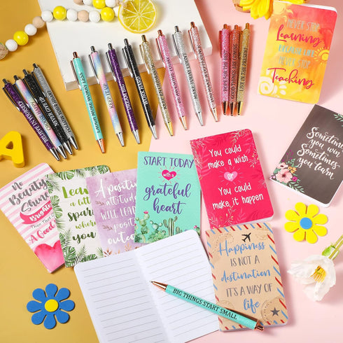 Funrous 32 Pcs Gift Set for Student Men Women - Mini Motivational Journal, Inspirational Notepads, Ballpoint Pens (Cute)