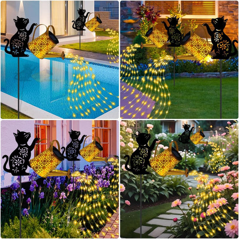 Solar Lights Outdoor Decorative, Watering Can with Cascading Lights, with Cat Silhouette Garden Stakes, Gifts for Mom