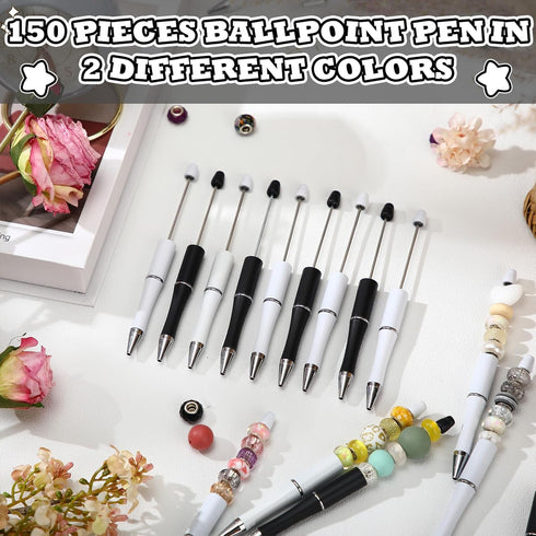 Kosiz 150 Pieces Plastic Beadable Pen Bulk Bead Ballpoint Pen Assorted Bead Pen for Kids Students Office Supplies