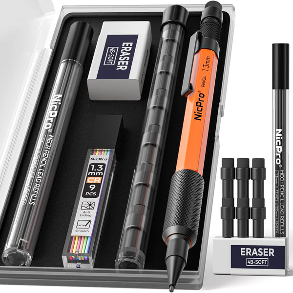 Nicpro 1.3 mm Mechanical Pencils Set - Black & Colors, Eraser, Weatherproof Metal Heavy Duty Carpenter Pencil