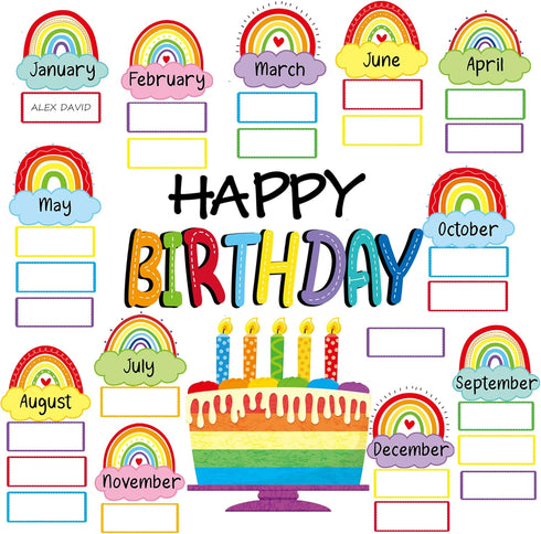 Rainbow Happy Birthday Bulletin Board Sign with Cloud Accents Cutouts for Celebrations, Calendars, and Classrooms Decor