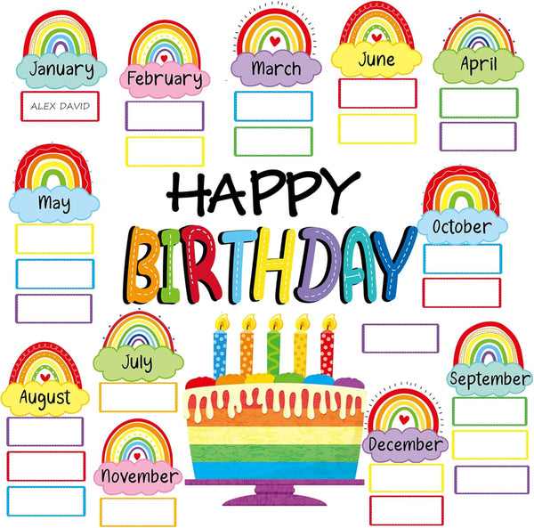 Rainbow Happy Birthday Bulletin Board Sign with Cloud Accents Cutouts for Celebrations, Calendars, and Classrooms Decor