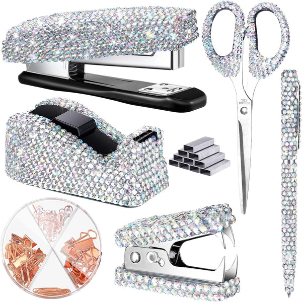 Demissle 6 Pcs Bling Office Desk Accessories Set, Crystal School Stationery Kit with Scissor, Stapler, Tape Dispenser,