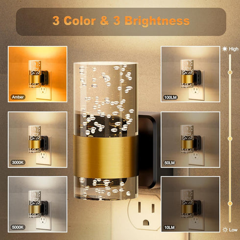 2 Pack 3CCT 10/50/100LM Amber/3000K/5000K JandCase Night Lights Plug into Wall, Color Changing Night Light, Adjustable