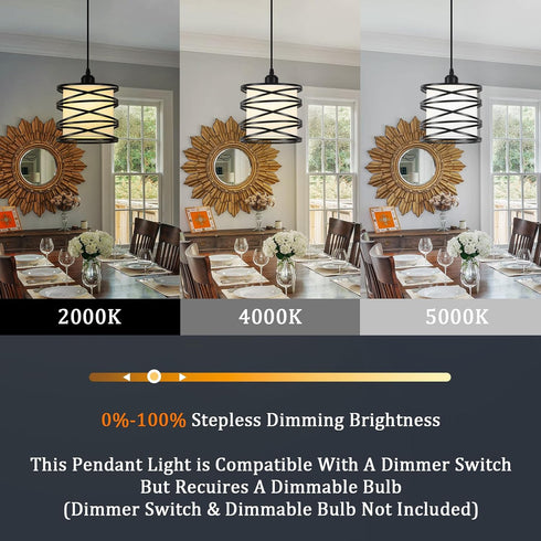 1 Pack Farmhouse Pendant Island Light Fixtures, Metal Hanging Light Fixtures with Fabirc Lighting for Dining Room