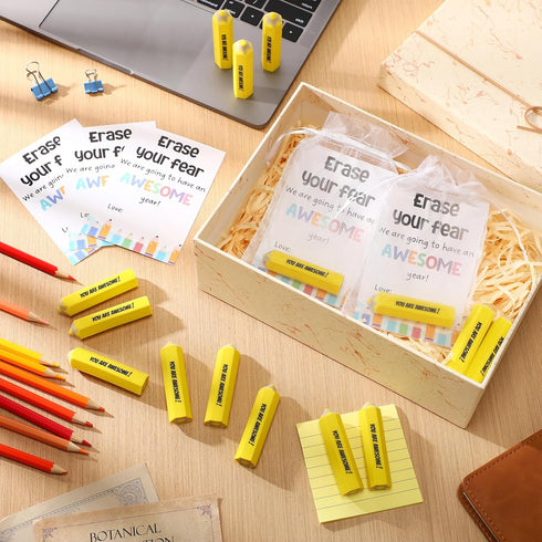 Spakon 25 Sets First Day of School Gifts, Inspirational Erasers & Organza Bag for Students