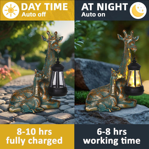 9.7" Solar Garden Decor - Mother Baby Giraffe Statue with Solar Lantern Resin Giraffe Figurine Outdoor Patio Yard Porch