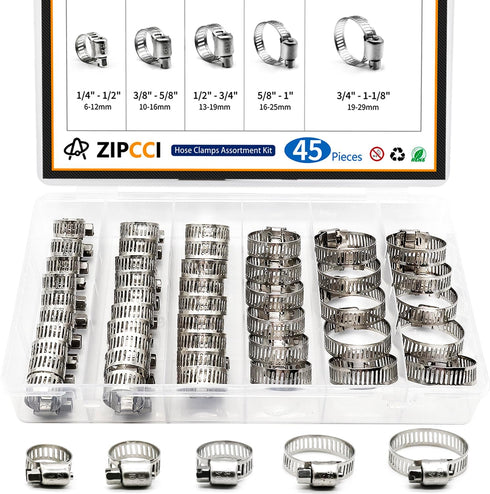 Hose Clamp Assortment, 45 Pack Stainless Steel Worm Gear Clamps Kit for Fuel Line Pipe (1/4 in to 1-1/8 in)
