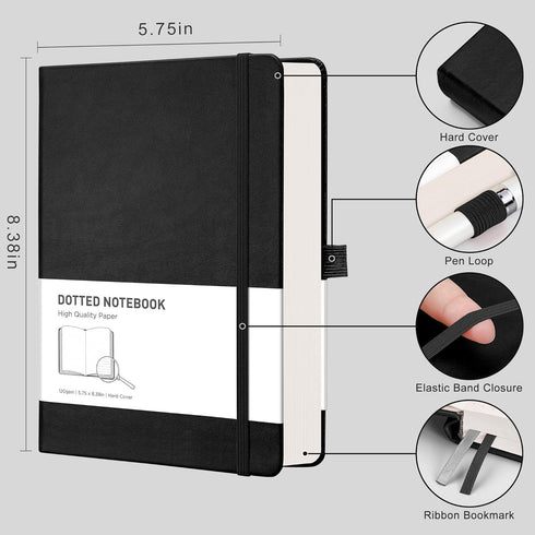 RETTACY Bullet Dotted Journal - A5 Dotted Grid Journal Notebook with 256 Pages, 120 GSM Premium Acid-Free Paper, Bullet Journaling, Sketching, Leather Hardcover, Inner Pocket, 5.7'' × 8.3'' (Black) by RETTACY