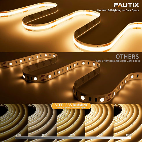 5V Remote,6.56ft Dimmable 3000K PAUTIX USB COB LED Strip Lights UL-Listed Dotless LED Lights with RF Warm White TV