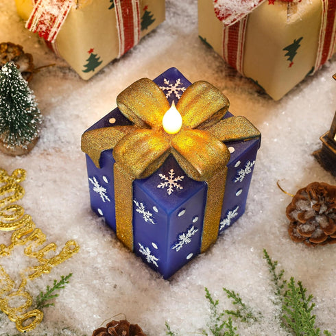 LCZLUMIPRO Christmas Flameless Gift Box Candle Hand-Painted Real Wax LED Candle with Remote Timer Battery Operated Blue