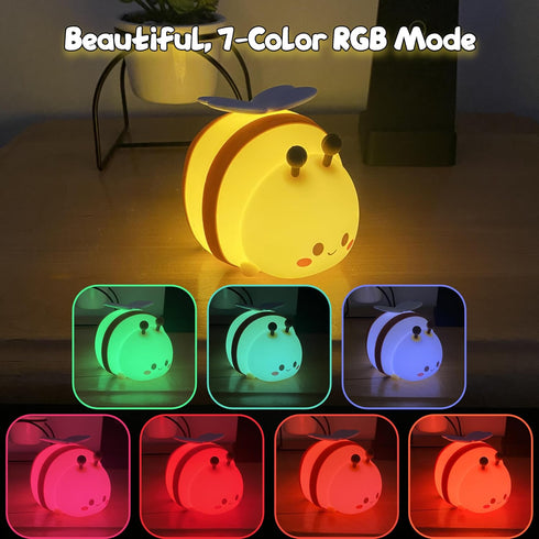 Dimmable Cute Bee Night Light Silicone Rechargeable Touch-Controlled RGB Lamp with Adjustable Brightness & Multiple