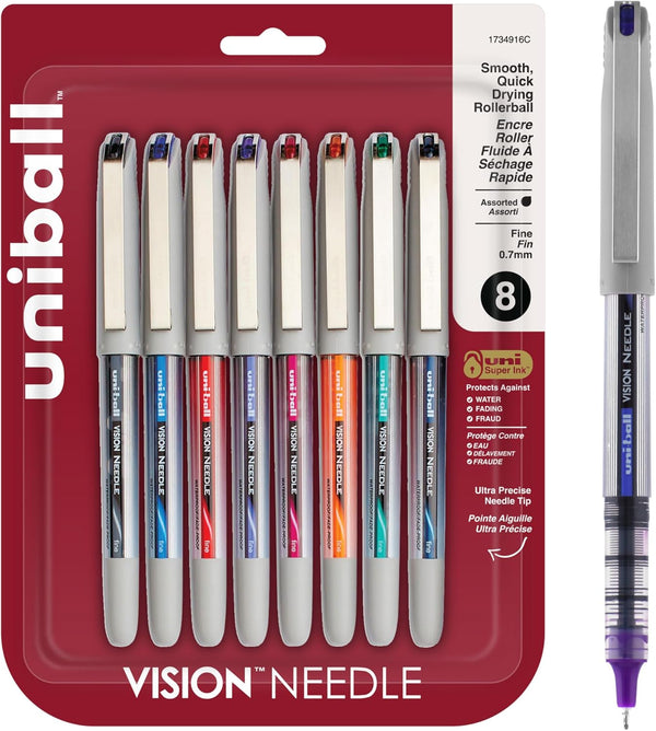 uniball Vision Needle Roller Ball Pen, Fine 0.7 Mm, Stick, Silver Barrel, Assorted Ink Colors, 8/pack