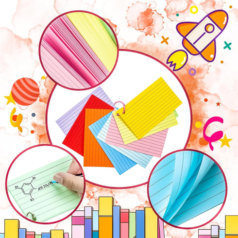 600Pcs 3x5 Inch 3 5 MotBach Colored Index Cards Flash Cards with Rings Lined Note Card Flashcards, Colorful Ruled Card