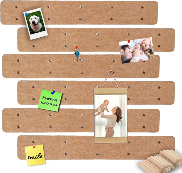 Brown Felt Pin Boards Memo Board with 20 Wooden Dowel Pins, Self-Adhesive Cork Board for Walls Home Office Decor, 6 Pack