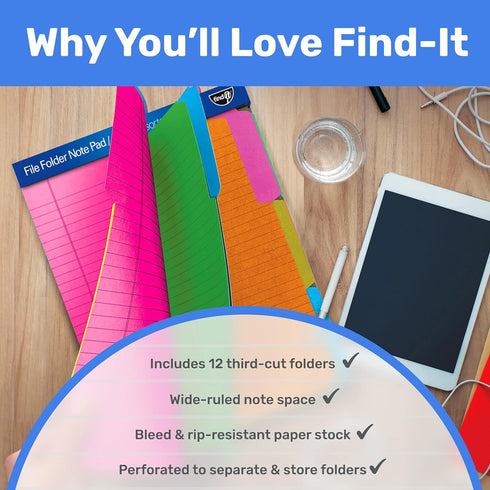 Find It File Folder Notepad, Pack of 36, 9.5 x 12.5 Inch Notebook Organizer for Filing, Document, Clipboard