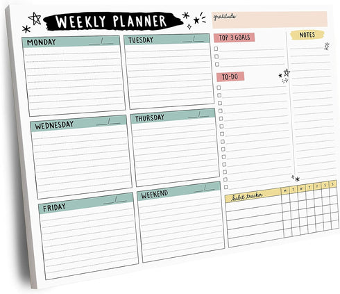 Weekly Planner Pad, 52 Letter Size Tear Off Sheets, 8.5” x 11” Undated Calendar Weekly Desk Planner Notepad