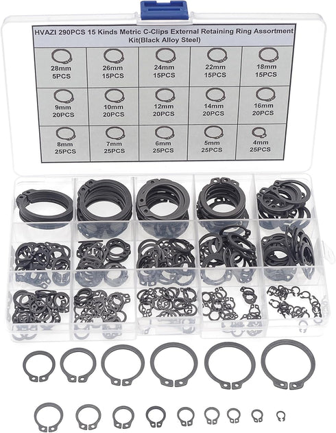 290PCS External Retaining Ring C-Clips Assortment Kit in Black Alloy Steel