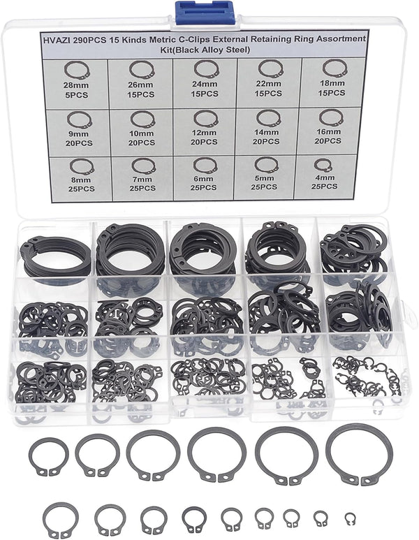 290PCS External Retaining Ring C-Clips Assortment Kit in Black Alloy Steel