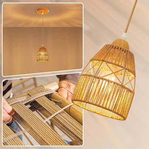 Boho Rattan Pendant Light Kitchen Island,Farmhouse Chandeliers Adjustable Height Hanging lamp for Dining Room,Small