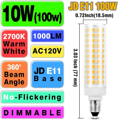 Dimmable E11 120V 100W Bulbs Equivalent,T3 T4 JDE11 Bulb,2700K 10W 1000 E11 Lamps,2Pack Ziomitus Halogen Candelabra