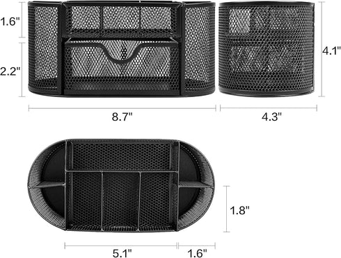 deli Black Mesh Desk Organizer with Drawer, Metal Stationary Caddy, 8 Compartments for Office Desktop Storage