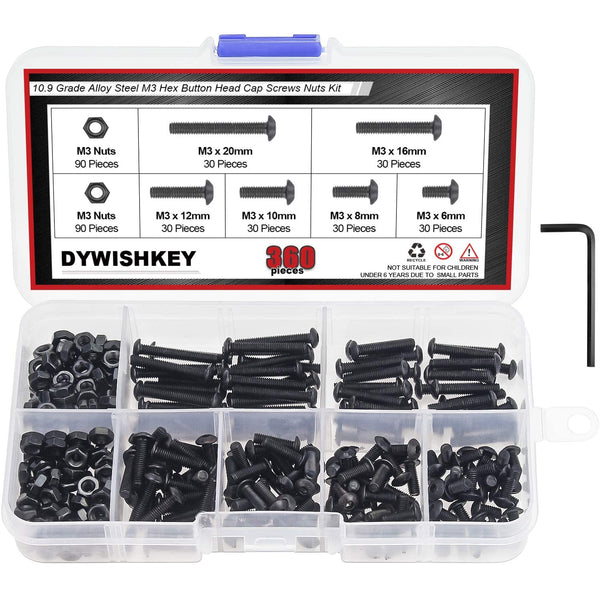 DYWISHKEY 360 Pieces M3 Hex Button Head Cap Bolts Screws Nuts Kit, 10.9 Grade Alloy Steel with Hex Wrench