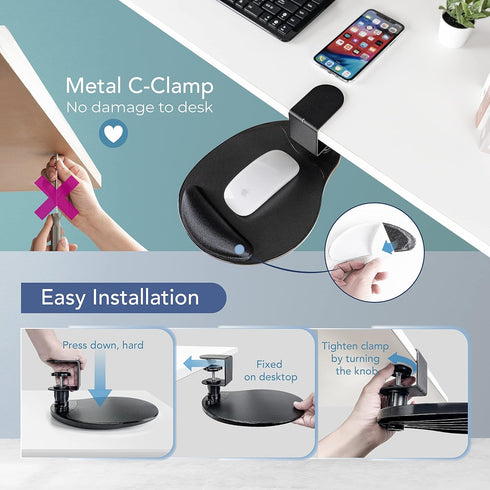 EHO Clamp on Mouse Platform with Gel Wrist Rest, Rotating 360 Degree Attachment for Home Office Desk Organizer