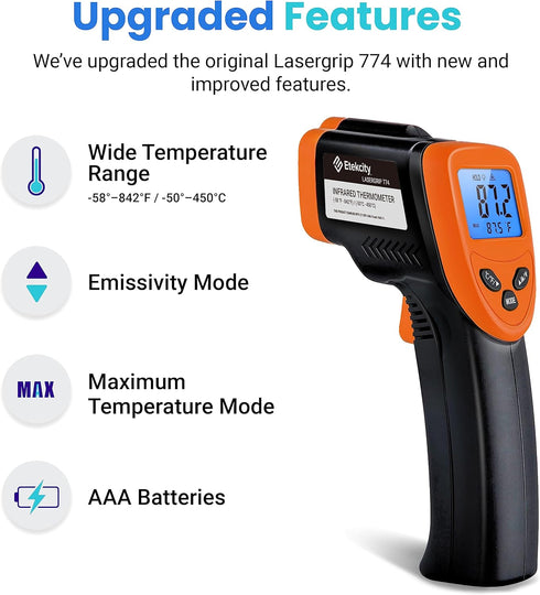 Etekcity Infrared Thermometer Upgrade 774, Heat Temperature Temp Gun for Cooking, Laser IR Surface Tool for Pizza, Griddle, Grill, HVAC, Engine, Accessories, -58°F to 842°F, Orange by Etekcity