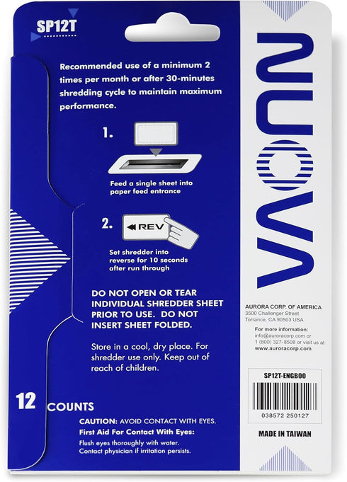 Aurora SP12T 12 Count Nuova Paper Shredder Sharpening & Lubricant Sheets
