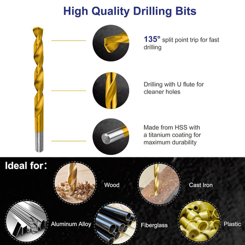 Metric 230 Pieces Titanium Twist Drill Bit Set, 135° Tip High Speed Steel, Ideal for Wood, Cast Iron, and Plastic