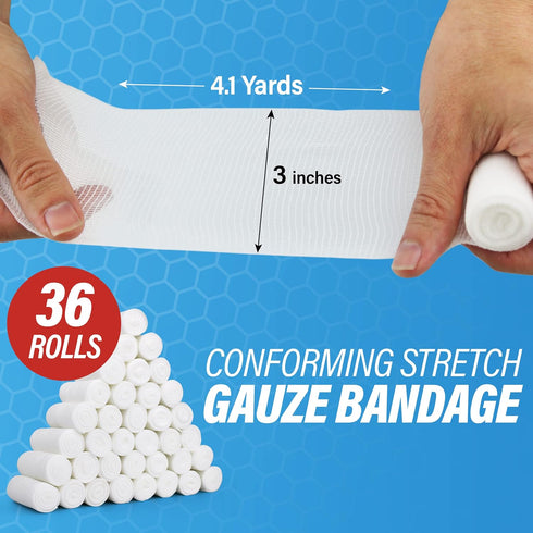 Gauze Rolls - 36 Premium First Aid Supplies, Flexible, Stretchable, Breathable Bandage Wrap, 3” x 4.1 Yards