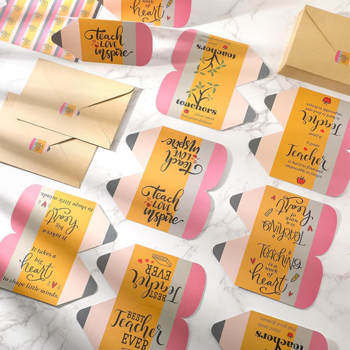 96 Sets 6 Spakon Teacher Appreciation Gifts Teacher Thank You Cards Bulk with Envelope and Sticker Pencil Shape Cards