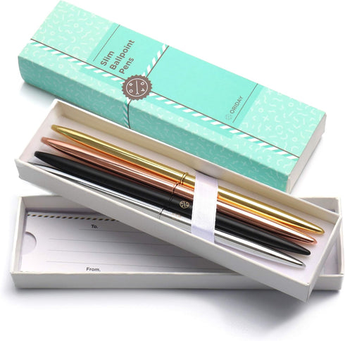 Oriday Ballpoint Pen Set of 4 - Sleek Slim Planner Pens in Black Ink, Metal Ball Point, Gift Box for Women, Wedding,