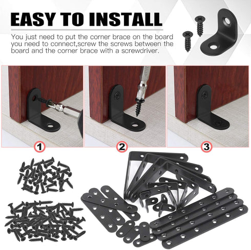 Hilitchi 24 Pack Stainless Steel Black L Bracket Corner Brace and Straight Bracket with Screws Corner Fastener