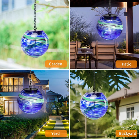 VCUTEKA Solar Chandelier Outdoor, Hanging Glass Solar Light with Hook Up, Garden Lanterns Decor for Yard, Tree